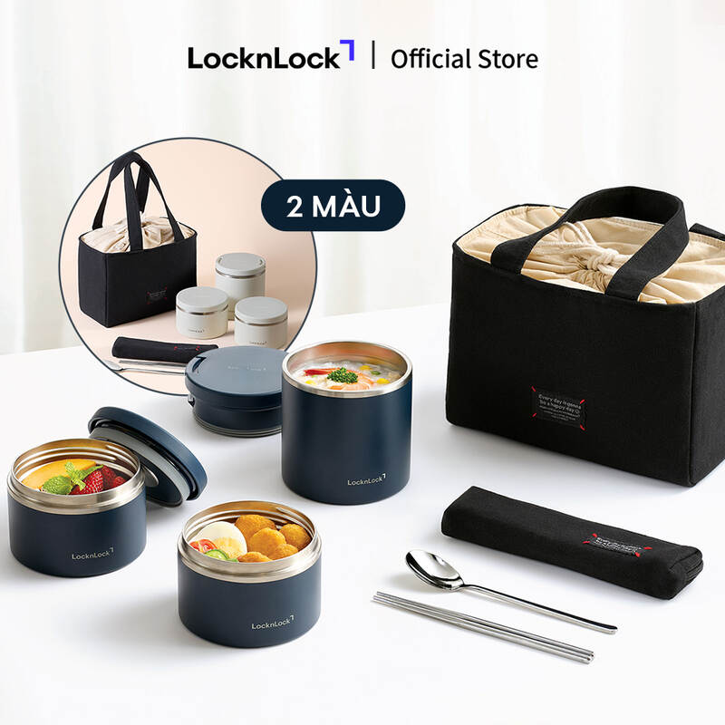 LHC8011S01 - Bộ hộp cơm giữ nhiệt LocknLock Pump One-Touch Vacuum Lunch box (330ml*2, 530ml*1, bộ đũa v&agrave; th&igrave;a, t&uacute;i) - M&agrave;u Trắng/M&agrave;u xanh navy image number null
